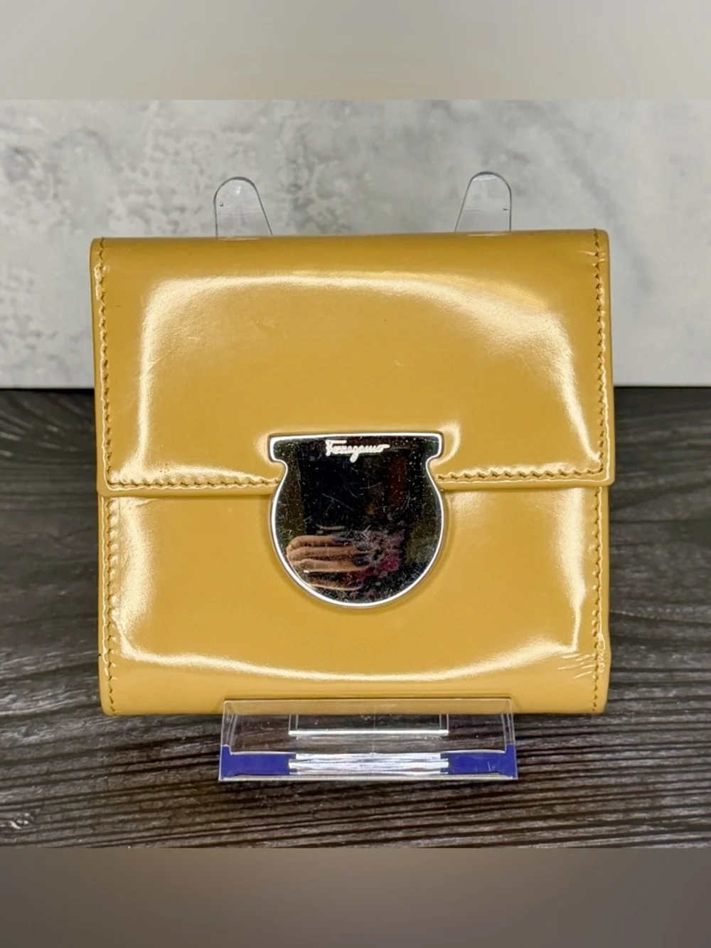 Salvatore Ferragamo Tan Patent Leather Gancini Trifold Wallet